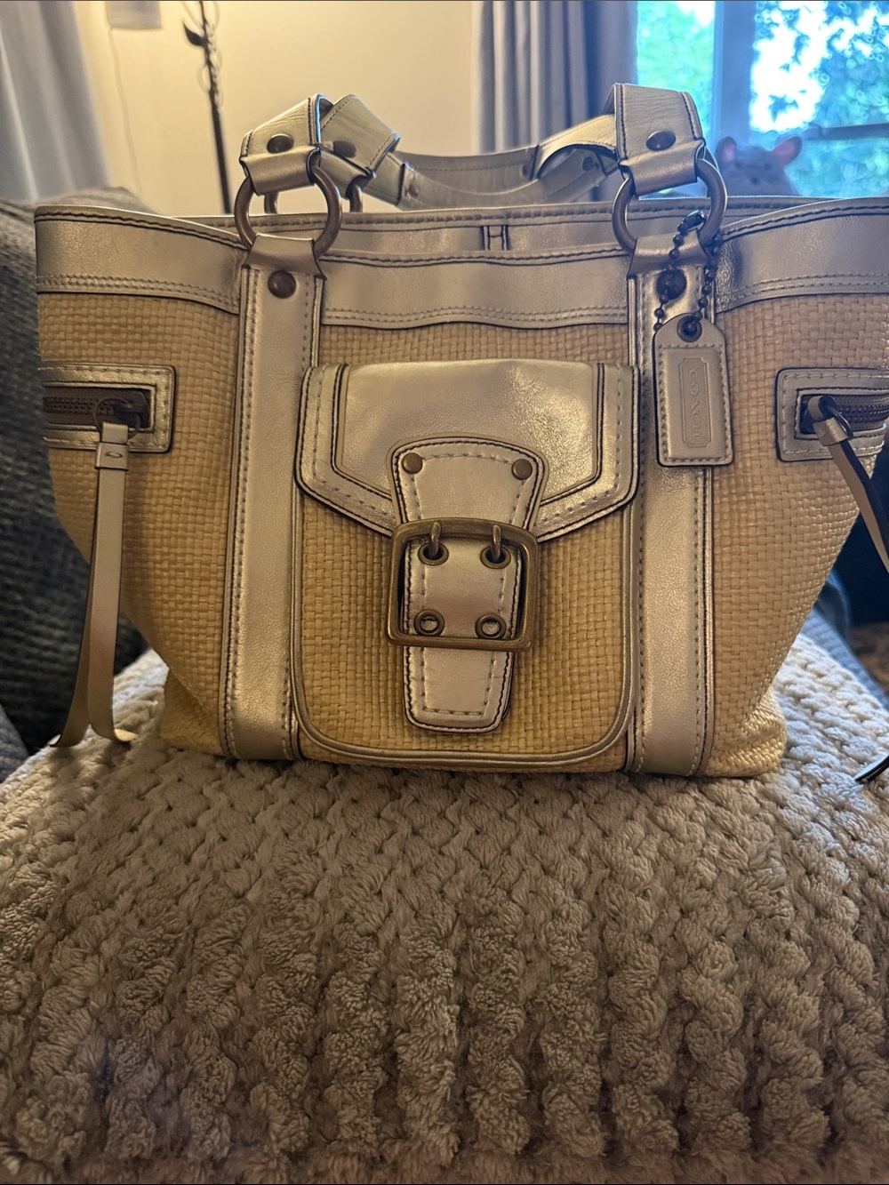 Coach Straw Tote with Metallic Leather Trim in Beige and Gold